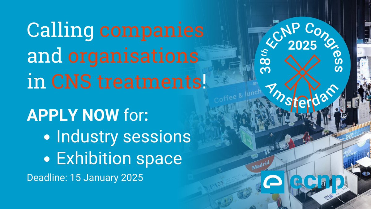 ecnptweets's tweet image. 📢 ECNP invites companies and organisations involved in clinical and pre-clinical research into #BrainDisorders, to contribute to #ECNP2025, 11-14 October, in Amsterdam 🚲🌷. Apply for industry sessions and exhibition space➡️ ecnp.eu/industry-invit… 
📅 Deadline: 15 January 2025