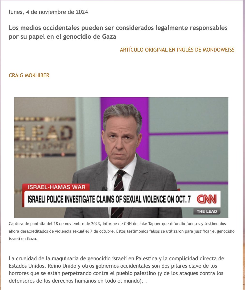Compartimos la traducción al español en nuestro blog de un artículo de
<a href="/CraigMokhiber/">Craig Mokhiber</a>
para
<a href="/Mondoweiss/">Mondoweiss</a>
sobre la responsabilidad legal de las corporaciones de medios masivos justificando el g3n0cidi0 y los crímenes de guerra. 👇📷 peapiecuador.blogspot.com/2024/11/los-me…