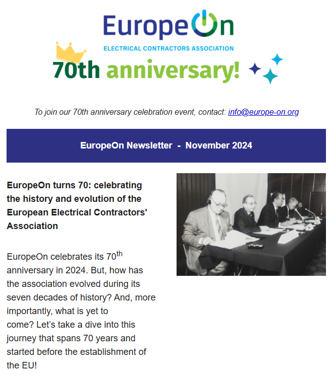 European Association for Electrical Contractors (@europeon_eu) on Twitter photo Our November #Newsletter is out!
➡ <a href="/EuropeOn_EU/">European Association for Electrical Contractors</a> turns 70: our history and evolution!
➡ Celebrate our 70th ‘birthday’! (to join👉info@europe-on.org)
➡ Wrap-up of our General Assembly
➡ News from our 🇩🇪 members ZVEH
➡ News from @KNXassociation
🔗bit.ly/3Uzzq2V Our November #Newsletter is out!
➡ <a href="/EuropeOn_EU/">European Association for Electrical Contractors</a> turns 70: our history and evolution!
➡ Celebrate our 70th ‘birthday’! (to join👉info@europe-on.org)
➡ Wrap-up of our General Assembly
➡ News from our 🇩🇪 members ZVEH
➡ News from @KNXassociation
🔗bit.ly/3Uzzq2V