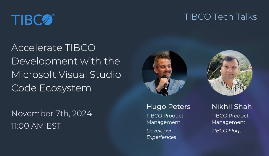 TIBCO's tweet photo. Catch the next TIBCO Tech Talks where TIBCO experts will walk you through how to use Microsoft Visual Studio Code Ecosystem to accelerate your TIBCO Development. Secure your spot for Thursday's webinar. 
https://t.co/stfrI0AWkE https://t.co/YQ1jcywQIi