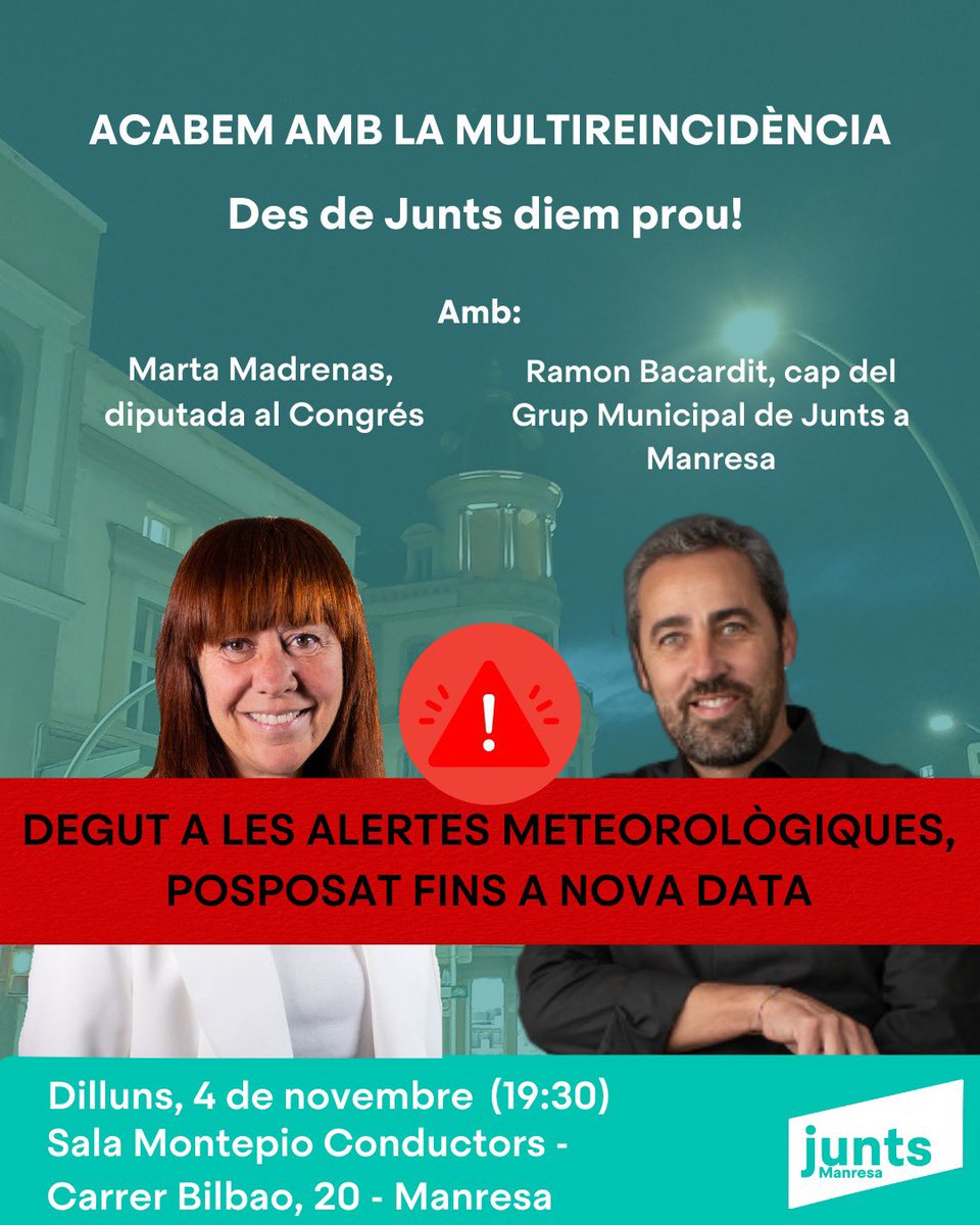 ‼️Posposem l'acte d'avui a Manresa per les alertes meteorològiques. Us mantindrem informats de la nova data.