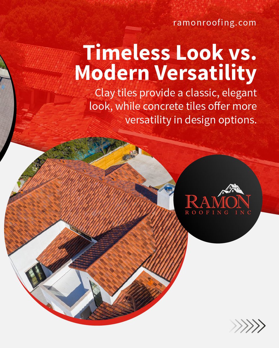 RamonRoofing's tweet photo. Clay vs. Concrete: Which Roof is Right for You?🤔
Clay provides a timeless look, while concrete offers modern versatility at a lower cost.
https://t.co/ccnk22PEFD
#RamonRoofing #ResidentialRoofing #LuxuryRoofing #RoofingBlog #RoofingIndustry #Texas #FortWorth #Austin https://t.co/8JFQ6dDsxL