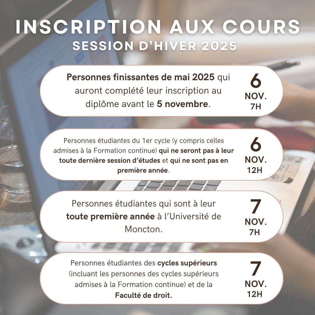 L'inscription aux cours pour la session d'hiver commence cette semaine ! 📖
Notez bien ces dates dans vos agendas ✍️