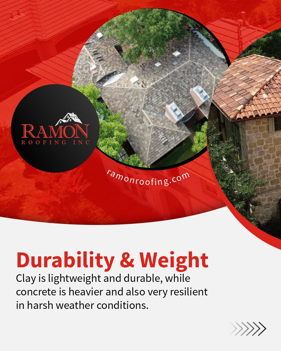 RamonRoofing's tweet photo. Clay vs. Concrete: Which Roof is Right for You?🤔
Clay provides a timeless look, while concrete offers modern versatility at a lower cost.
https://t.co/ccnk22PEFD
#RamonRoofing #ResidentialRoofing #LuxuryRoofing #RoofingBlog #RoofingIndustry #Texas #FortWorth #Austin https://t.co/8JFQ6dDsxL
