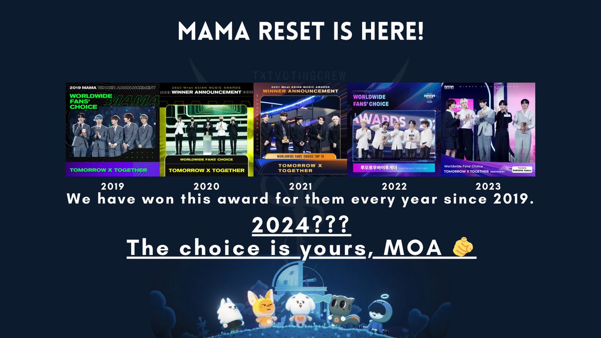 txtvotingcrew's tweet photo. 2024 MAMA RESET is here 📢

🔸Vote on BOTH categories on MNET+
— You should have 2 voting certificates
— Join the MV times if you can
🔸Vote on X / Twitter
— ADD gifs/photos/emojis

#2024MAMAVOTE
#tomorrowxtogether https://t.co/hT1IEHiWWi
