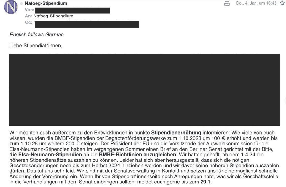 nexner_'s tweet image. Hi @RegBerlin, die Stipendiat:innen nach NaFöG warten seit &amp;gt; 1 Jahr auf angekündigte Inflationsanpassung. 13 Begabtenförderungswerke hatten im Okt. 2023 die Fördersätze für PhD um 100€ angehoben – in Berlin bisher: nix.
Hat das noch jmd. auf dem Schirm? @EvaMurasov  @GEW_BERLIN