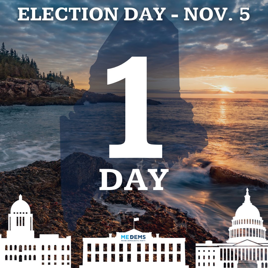 MaineDems's tweet photo. 🗳️ Election Day is tomorrow, Nov. 5! 🗳️

📍Find your polling place and make your plan to vote tomorrow by 8pm, at https://t.co/eWK3j9KSwm

☎️ Call or text our Voter Protection Hotline for help: 207-977-4451 https://t.co/Dul4IwdIpP
