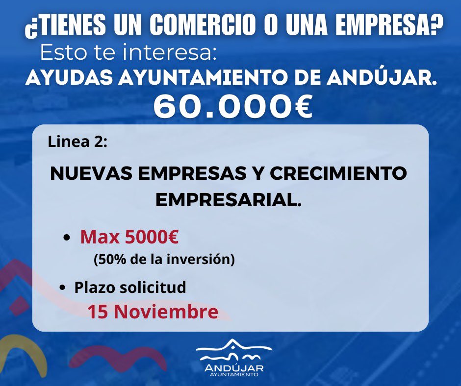 🔵 AVISO IMPORTANTE🔵

¿Tienes un comercio o una empresa? Esto te interesa:

Ayudas Ayuntamiento de Andújar. 60.000€

Línea 1
andujar.es/areas-municipa…

Línea 2

andujar.es/areas-municipa…