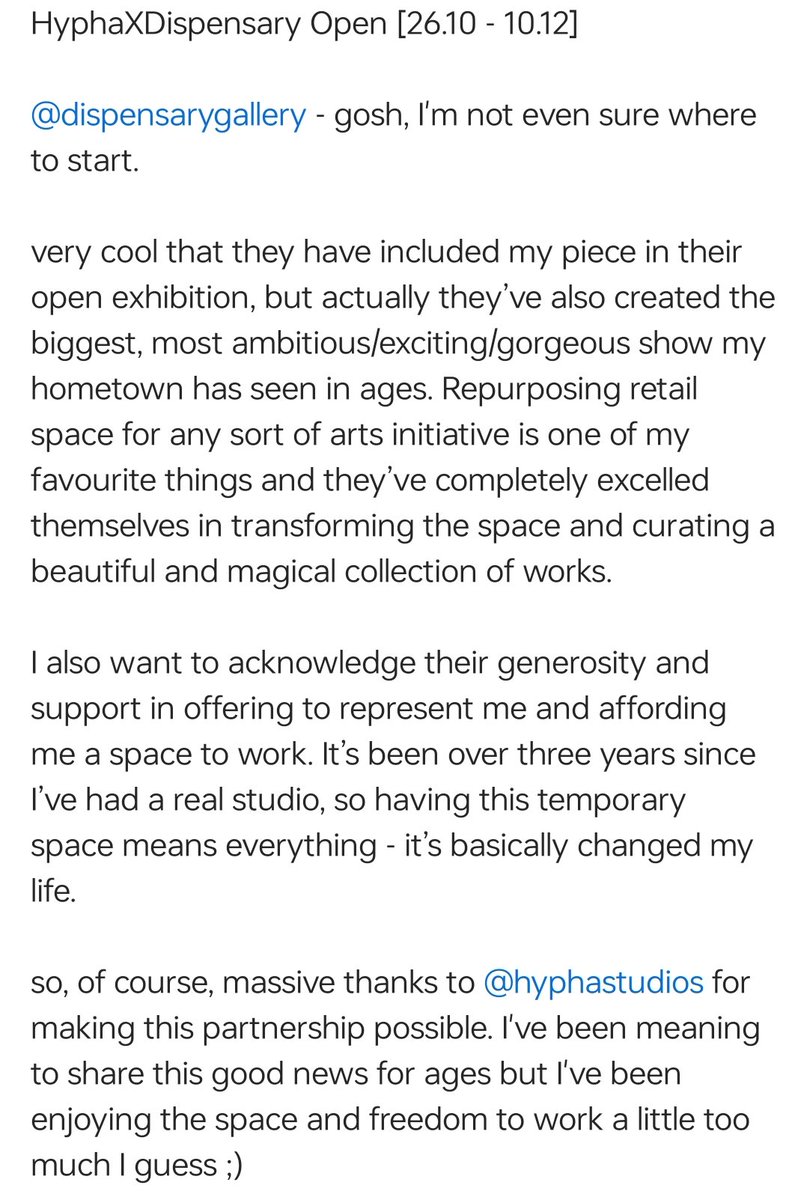 Will Jennings (@willjennings80) on Twitter photo A wonderful post from Neat Sleeper who's showing for free in <a href="/HyphaStudios/">Hypha Studios</a> Wrexham. Sadly, we often encounter artists with egos & entitlement who think a tiny charity owe them the world, so feedback like this so encouraging.
Exhibition details: hyphastudios.com/ryan-saunders/ A wonderful post from Neat Sleeper who's showing for free in <a href="/HyphaStudios/">Hypha Studios</a> Wrexham. Sadly, we often encounter artists with egos & entitlement who think a tiny charity owe them the world, so feedback like this so encouraging.
Exhibition details: hyphastudios.com/ryan-saunders/