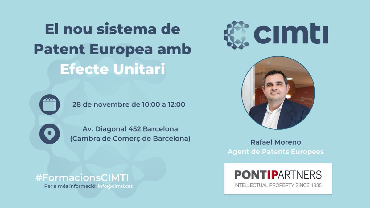 🔜Fa poc més d'un any que ha entrat en vigor la patent unitària, deixant enrere l'anterior model, però saps què és? Com dur-la a terme? Què passarà amb el sistema valid fins ara? Resol els teus dubtes amb la nostra formació.
Queden només 4 places lliures!
bit.ly/3YOmHvL