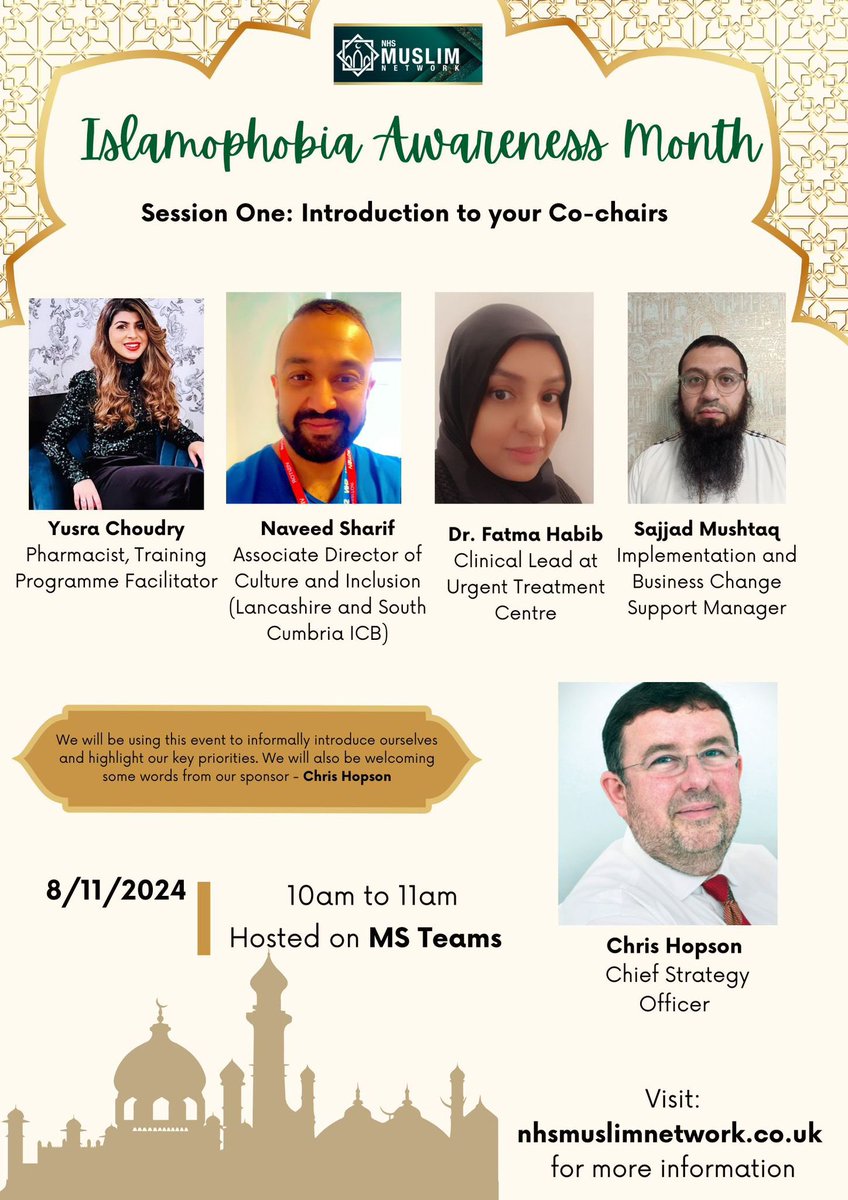 National NHS Muslim Network (@nhsmuslimnet) on Twitter photo Assalamu Alaikum (peace be upon you),
We’d like to invite you all to our FIRST event as Co-chairs, inshallah! Please visit nhsmuslimnetwork.co.uk for further details and joining links.
We’ll see you there! 😊😊
<a href="/ChrisHopsonNHS/">Chris Hopson</a> <a href="/AmandaPritchard/">Amanda Pritchard</a> <a href="/NavinaEvans/">Dr Navina Evans</a> <a href="/NHSEngland/">NHS England</a> Assalamu Alaikum (peace be upon you),
We’d like to invite you all to our FIRST event as Co-chairs, inshallah! Please visit nhsmuslimnetwork.co.uk for further details and joining links.
We’ll see you there! 😊😊
<a href="/ChrisHopsonNHS/">Chris Hopson</a> <a href="/AmandaPritchard/">Amanda Pritchard</a> <a href="/NavinaEvans/">Dr Navina Evans</a> <a href="/NHSEngland/">NHS England</a>