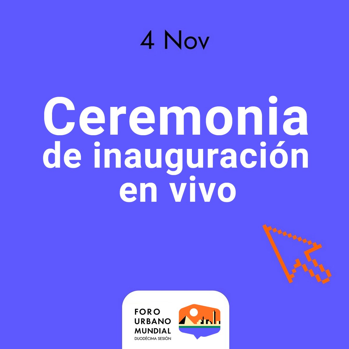 En unos momentos iniciará la ceremonia de inauguración del #ForoUrbanoMundial #WUF12. 
🕗México - Centroamérica: 8:00 AM  
🇨🇴 Bogotá: 9:00 AM
🇦🇷 Argentina: 11:00 AM 🇦🇷
Sígue en vivo todos los detalles en webtv.un.org/en/asset/k1n/k…