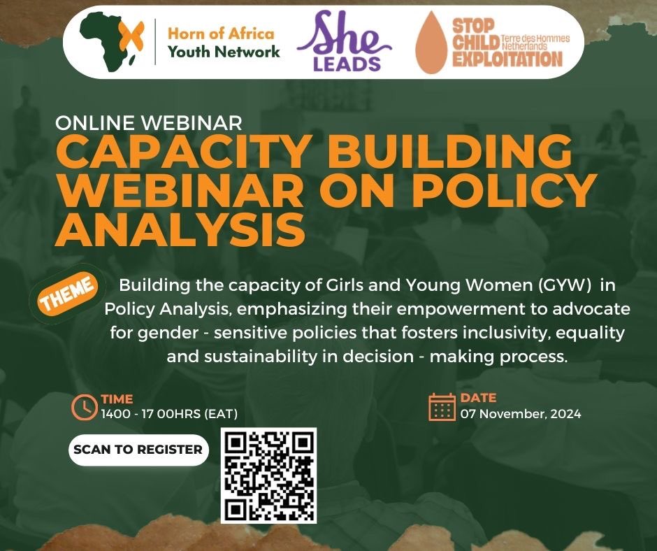 HornofAYN's tweet image. Join us for our #SecondWebinar this Thursday, Nov 7! We’ll be empowering girls &amp;amp; young women in East &amp;amp; Horn of Africa to analyze &amp;amp; advocate for gender-sensitive policies. Let’s create inclusive, equitable change together!

Register 👉🏿 docs.google.com/forms/d/e/1FAI…
#PolicyAnalysis