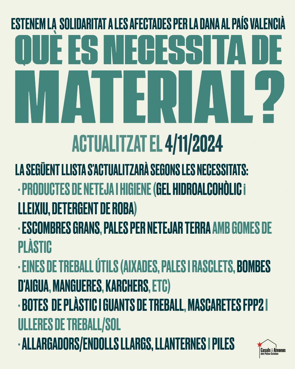 Bona tarda, una vegada passada la tempesta, tornem a obrir el Casal per recollir material pel País Valencià!

De 17.00 a 21.30 estarem recollint tot el que es necessita, però en cas que augmenti l'alerta a vermell, tancarem el Casal per la seguretat de totes. #NouBarris