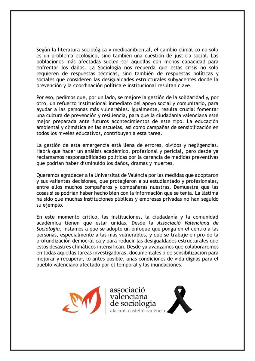 Desde <a href="/AVSociologia/">AVS</a> os hacemos llegar el comunicado que hemos redactado, trasladando nuestras condolencias a las familias de las víctimas y todo nuestro apoyo a la población afectada por la DANA: avs-sociologia.com/?lg=1

Gracias por todo vuestro apoyo.