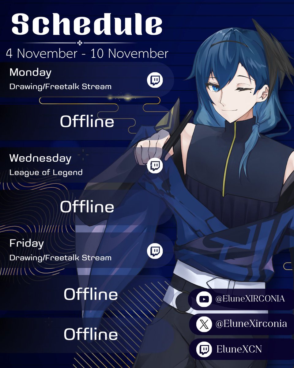 EluneXirconia's tweet photo. 【STREAM SCHEDULE】
4 November - 10 November
ช่องทางการสตรีม🖋
Twitch : https://t.co/ZxVnD7QV06
Youtube : https://t.co/ZtYNJIhl9w
*หมายเหตุ วันที่ไม่ได้เขียนเวลาคือไม่สามารถระบุเวลาไลฟืแน่ชัดได้
#VtuberTH #EluneStream https://t.co/yG36p343Dq