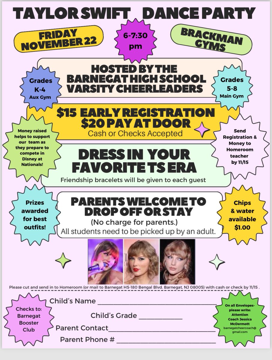 Attention at Swifties!!!! Come join the BHS cheerleaders for a night of dancing and fun!!!! Open to all children from K-8!!! 💖 <a href="/bengalpride67/">John Germano</a> 

If your child does not go to Barnegat schools, please mail registration to the address on the flyer 🤩
