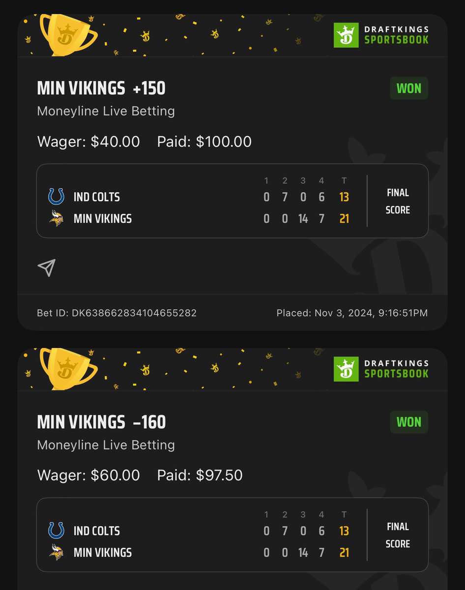 Kenpachi_Krypto's tweet photo. $SHARP AI had Vikings ML, we took the bet but after the Vikings went down a touchdown. We doubled down on the bet with better odds. @sharpsportsai doesn’t miss, the accuracy here is unmatched! #sharpcontest https://t.co/jsWiyhHZzI