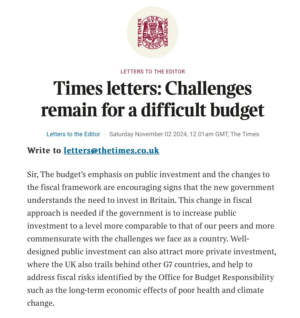 MazzucatoM's tweet image. In @thetimes, alongside @Gus_ODonnell &amp;amp; others, we welcome #Budget2024's shift on public investment &amp;amp; fiscal rules.

The UK has trailed behind G7 peers in both public &amp;amp; private investment for too long. This isn't just about spending more—it's about designing a fiscal framework…