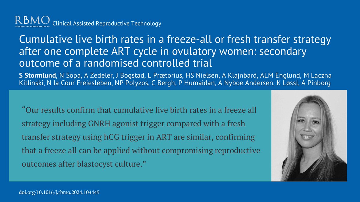 Reproductive BioMedicine Online (@rbmonline) on Twitter photo The result of this RCT confirm the previously published evidence that the freeze-all strategy is similar to a fresh transfer strategy and can be applied without compromising reproductive outcomes after blastocyst culture.
doi.org/10.1016/j.rbmo… The result of this RCT confirm the previously published evidence that the freeze-all strategy is similar to a fresh transfer strategy and can be applied without compromising reproductive outcomes after blastocyst culture.
doi.org/10.1016/j.rbmo…