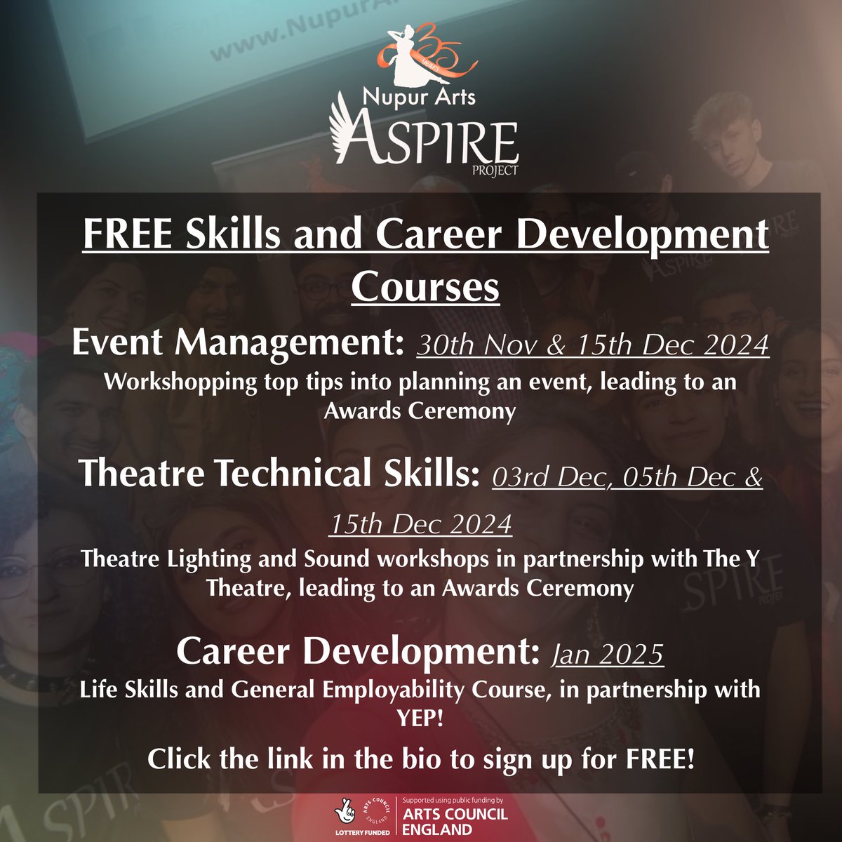🎨 Ready to launch your creative career? Join Aspire with Nupur Arts! 🎭

We’re offering FREE courses for ages 14-25, covering: 
Theatre Technical Skills | Event Management | Career Development

tickettailor.com/events/nupurar…

#Aspire #LetsCreate #NPO <a href="/acegrams/">iuser55</a>  #NupurArts
