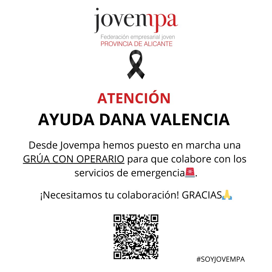 𝗔𝗧𝗘𝗡𝗖𝗜𝗢́𝗡 𝗔𝗬𝗨𝗗𝗔 𝗗𝗔𝗡𝗔 𝗩𝗔𝗟𝗘𝗡𝗖𝗜𝗔
forms.gle/CXuFvgwuBarXLp…
En estos momentos tan difíciles queremos hacer llegar todo nuestro apoyo y solidaridad a todas las personas afectadas con la DANA en Valencia.
Desde 1h de trabajo, 60,50€ hasta la cantidad que quieras