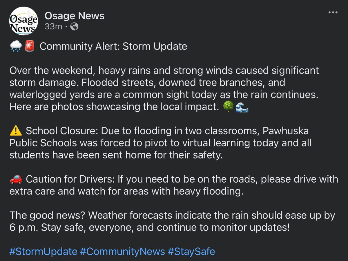 Community Alert: Storm Update

Over the weekend, heavy rains and strong winds caused significant damage. Flooded streets, downed tree branches, and waterlogged yards are a common sight today as rain continues. Here are photos showcasing the impact.
Photos by ECHO REED/Osage News