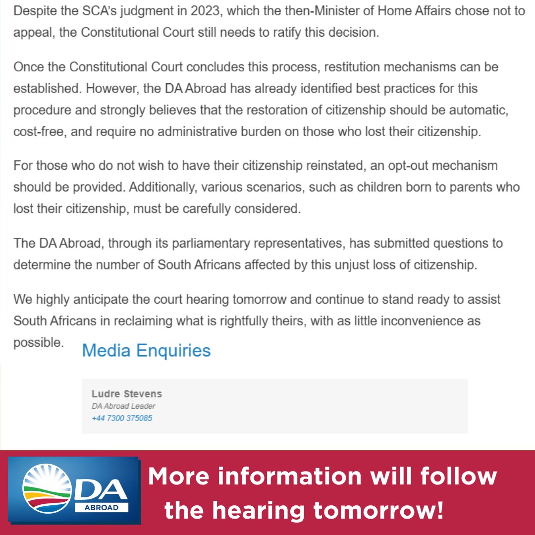 📰PRESS RELEASE: The DA Abroad’s decade long campaign for retaining South African citizenship overseas will be heard by the Constitutional Court tomorrow at 10h00 SAST 🇿🇦

📖Read our the DA Abroad press release to find out more on the case and its possible next steps.