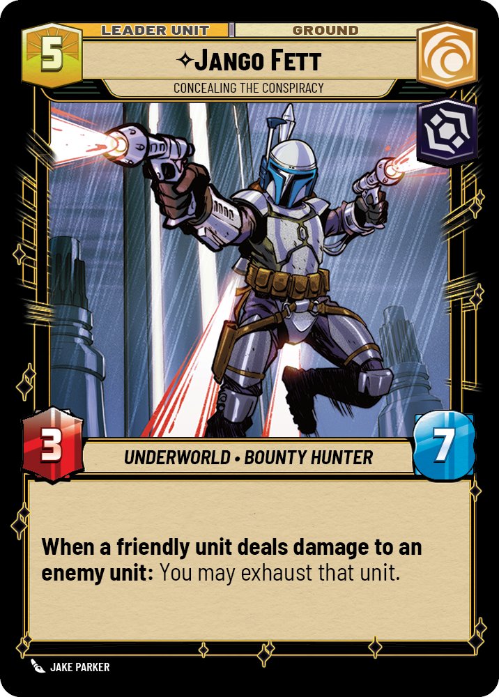 While exploring what different colors could do with 1/1 tokens, "use them to exhaust enemy units" felt fun and yellow. From there, it was a balancing act to expand the synergy capacity for Jango's ability without it becoming oppressive with the likes of Grenade Strike #FFGStaff