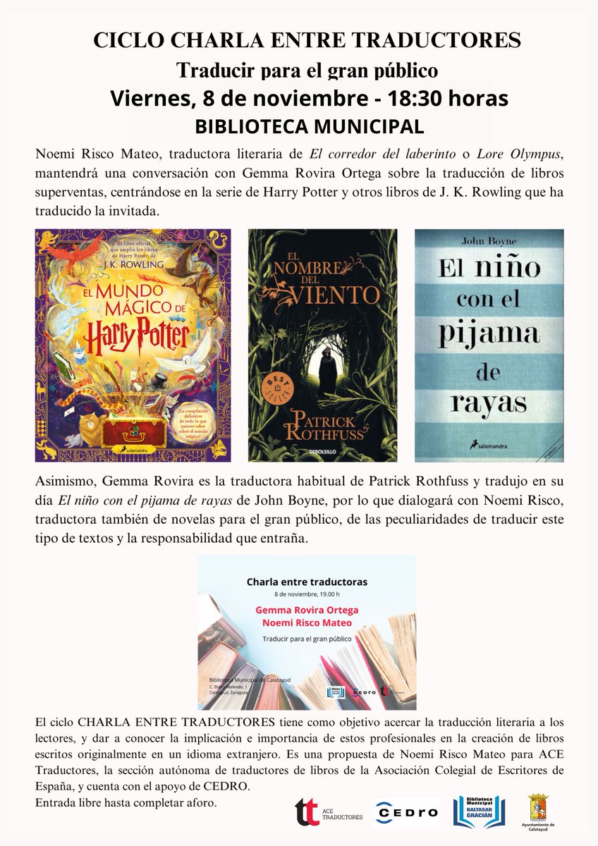 biblioayud's tweet photo. El  próximo viernes, 8 de noviembre, a las 18:30 horas, tendrá lugar en  nuestra Biblioteca el ciclo "Charla entre traductores", coordinado por  @Noemi_Risco  y organizado por ACE Traductores, hablará con Gemma Rovira, sobre la traducción de libros superventas https://t.co/mw3myDXqex
