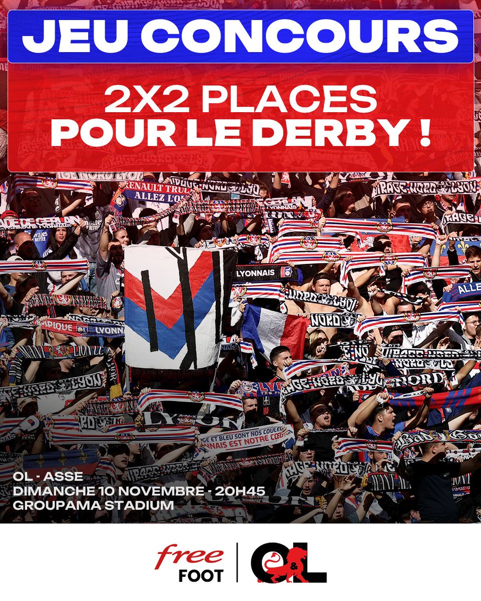 oetl's tweet photo. [#JeuConcours 🎟️] Supporters de l'OL, on est très heureux de s'associer avec @FreeFoot pour permettre à deux d'entre vous de remporter 2 places × 2 pour le DERBY ! 🔥

Pour tenter ta chance :

➡️ RT le tweet

➡️ Follow @oetl et @FreeFoot

➡️ Commente

#OLASSE #TeamOL ❤️💙 https://t.co/WPouRki946
