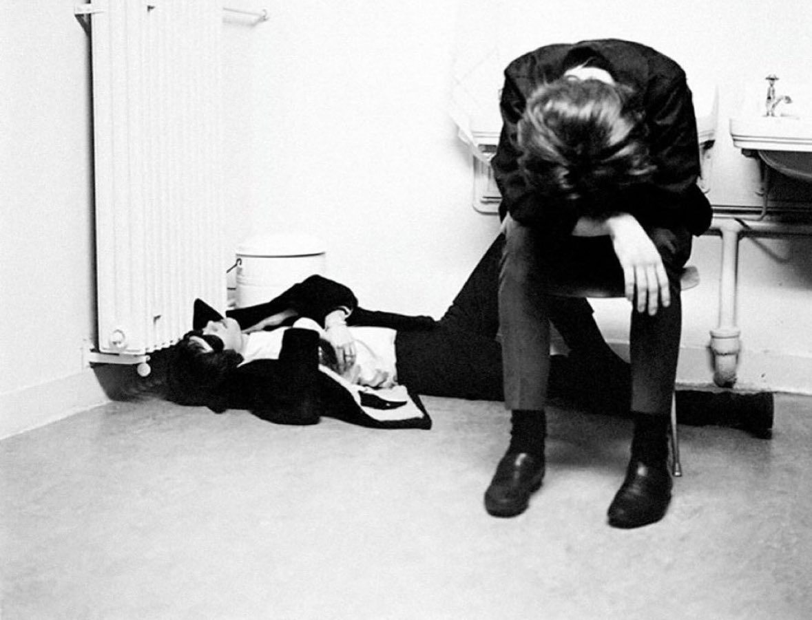 The Walker Brothers exhausted backstage in Brussels, 1964. Photo by Herman Selleslags. Scott is on the floor.