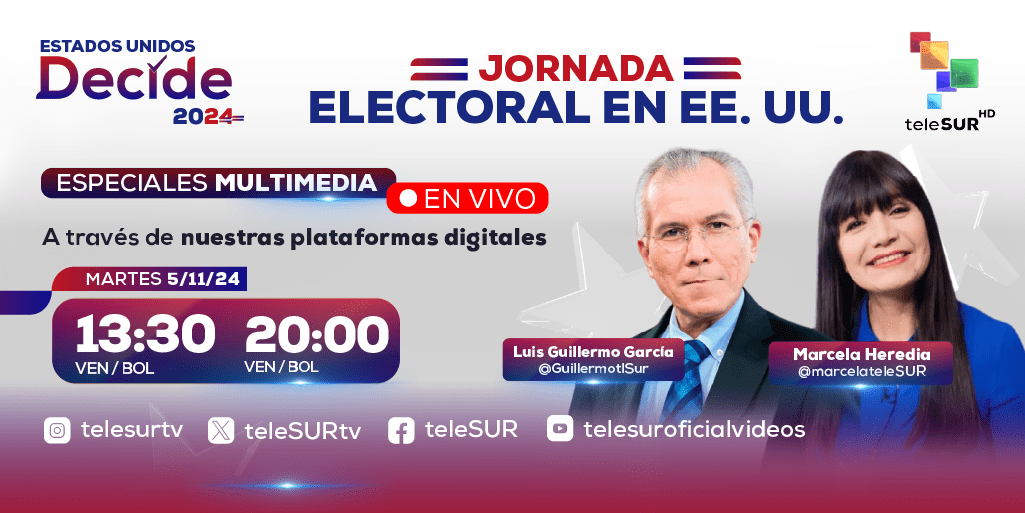 teleSURtv's tweet photo. Te invitamos este #05NOV🗓️ a seguir nuestro #EspecialMultimedia de las elecciones presidenciales de #EEUU 🇺🇸, con @GuillermotlSur y @marcelateleSUR
#EstadosUnidosDecide2024
Ubica tu horario y sintonízanos a través de nuestras plataformas digitales 👇🏻 https://t.co/PdYUgXF37X