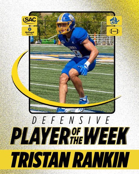 Congratulations to our very own Tristan Rankin on being SAC Defensive Player of the Week!! 

2 INTs, 1 pick six, 4 tackles, 1 TFL!! 

Tristan is also the NEW record holder in career interceptions with 18!! #RollHill