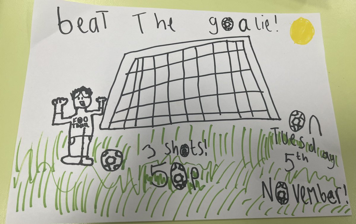 Tomorrow is Beat the Goalie <a href="/SimpsonPrimary/">Simpson Primary</a> ⚽️ 🥅 50p for 3 shots! All money raised will go to <a href="/BBCCiN/">BBC Children in Need</a> Can you score against Mr Houston? ⚽️ 🥅