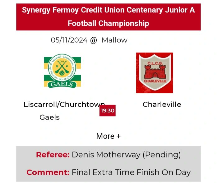 LCGaelsGAA's tweet photo. Best of Luck to these men who contest a North Cork Final tomorrow evening. The Synergy Fermoy Credit Union Junior A Football Championship takes place tomorrow in @carrigoon v @CHARLEVILLEGAA at 7:30pm.
Please show your support for these lads 🙌

Entry €10 at gate.

@AvondhuGAA https://t.co/H1LGQ2jcd6
