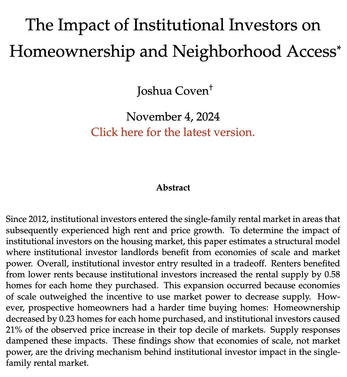 1/ Excited to share a thread about my JMP: The Impact of Institutional Investors on Homeownership and Neighborhood Access
joshuacoven.github.io/assets/JoshuaC…