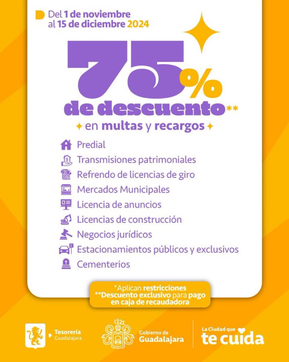 Directamente en las recaudadoras, sin trámites ni burocracias, tenemos el 75% de descuento en multas y recargos en <a href="/GuadalajaraGob/">Gobierno de Guadalajara</a>. Mira
