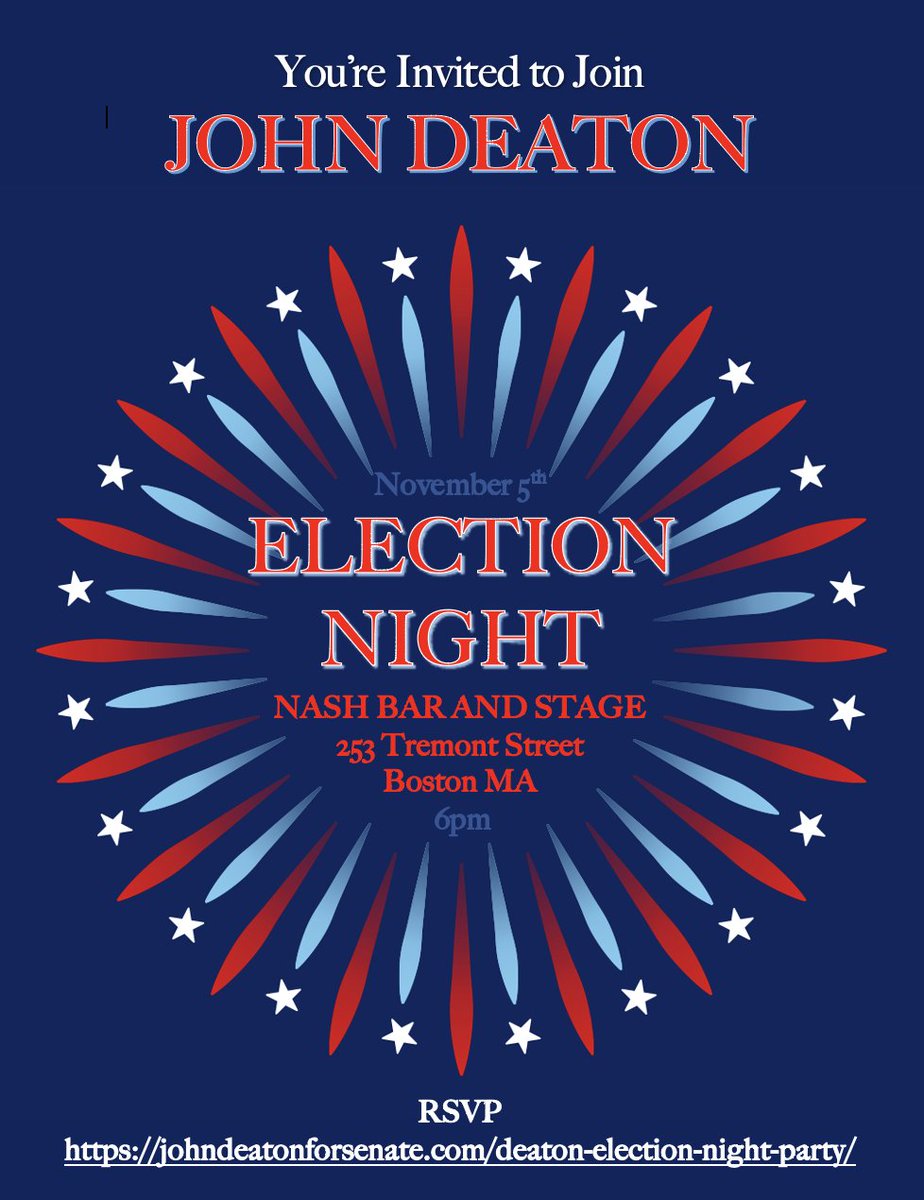 Join us tomorrow night! And if you haven't voted yet, make sure you get out and choose commonsense, bipartisanship leadership in the Senate.

RSVP here: johndeatonforsenate.com/deaton-electio…