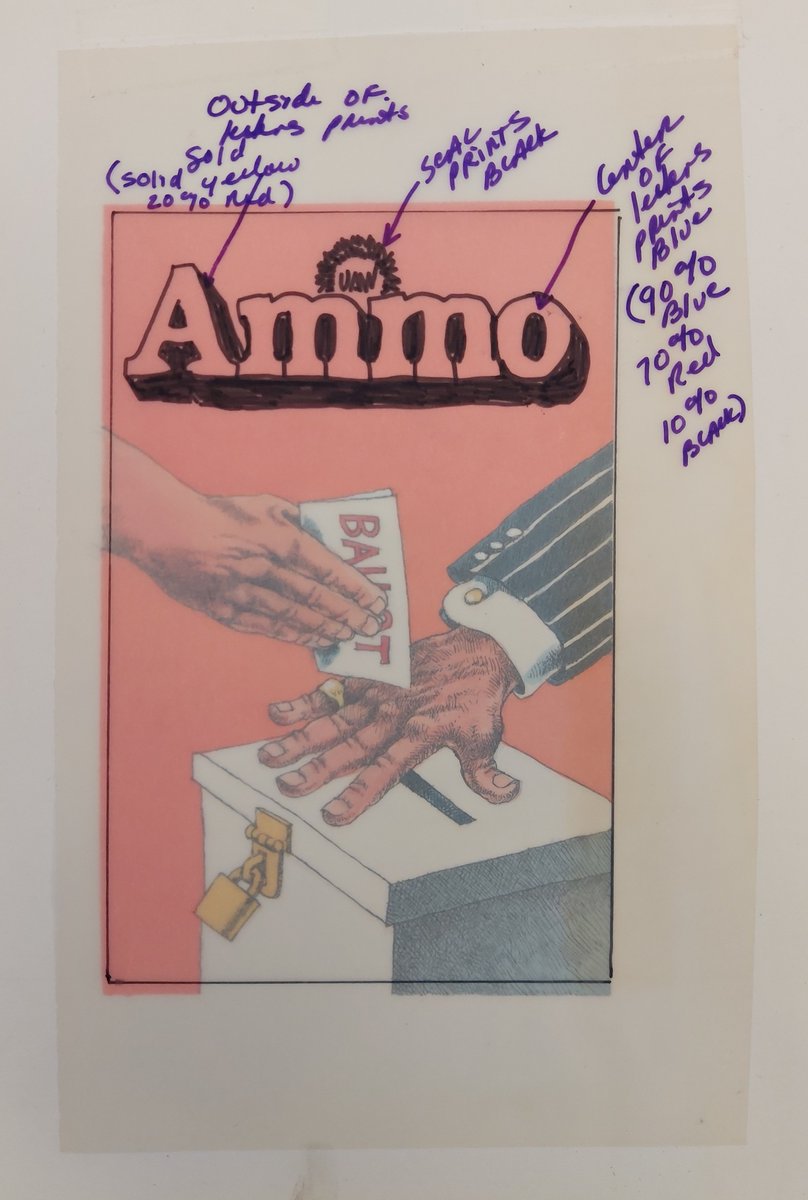 Original artwork for the cover of <a href="/UAW/">UAW</a>'s Ammo. Watercolor painting, with a sheet of transparent paper to show where the logo and text should go. Seeing how the sausage is made in the collections here at the <a href="/ReutherLibrary/">Reuther Library WSU</a>.