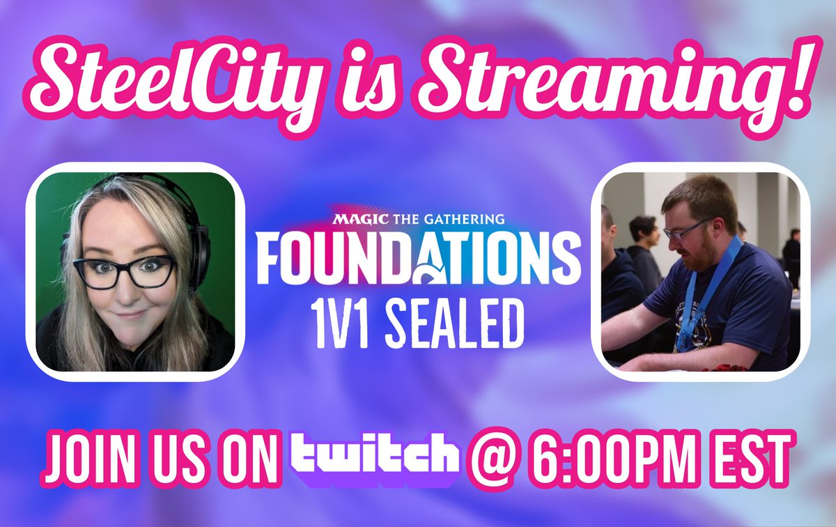 Want a FIRST LOOK into #MTGFoundations limited?
<a href="/SteelCityBrad/">SteelCityBrad is on Bluesky</a> and I will be going LIVE at 6pm ET to crack some packs, build some decks, and play a best-of-3 match. Come hang out!
tw!tch com/steelcitysteph

Huge thanks to <a href="/wizards_magic/">Magic: The Gathering</a> for the #gifted boosties 🙏 
#MTGAmbassador