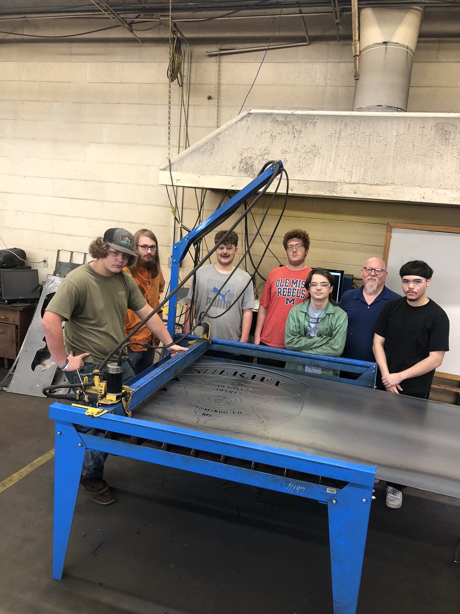 TCCTC1's tweet photo. Second year Welding students are partnering with the Tishomingo County Sheriff’s Department by fabricating a wall decoration for them on the CNC cutter. Check out their fabulous work! https://t.co/M4mGQifBiv