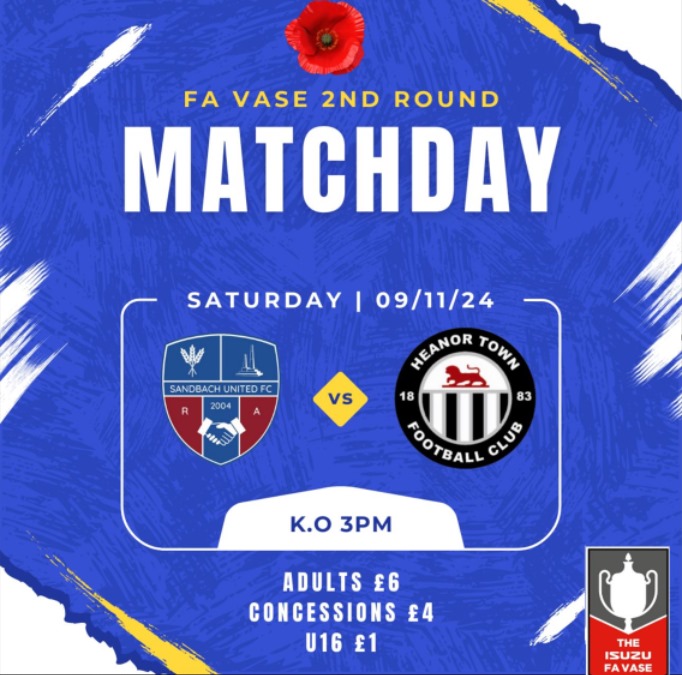 Sandbach United - 1st Team ⚽️ (@sandbachfc_1st) on Twitter photo Next up, we host <a href="/HeanorTownFC/">Heanor Town</a> of the UCL in the 2nd Round of the FA Vase. Our 4th game against higher opposition. We need you down in numbers to support the Ramblers as we aim to equal our best ever Vase run & make the last 64 teams in the quest to reach Wembley <a href="/favasefactfile/">FA Vase Factfile</a> Next up, we host <a href="/HeanorTownFC/">Heanor Town</a> of the UCL in the 2nd Round of the FA Vase. Our 4th game against higher opposition. We need you down in numbers to support the Ramblers as we aim to equal our best ever Vase run & make the last 64 teams in the quest to reach Wembley <a href="/favasefactfile/">FA Vase Factfile</a>