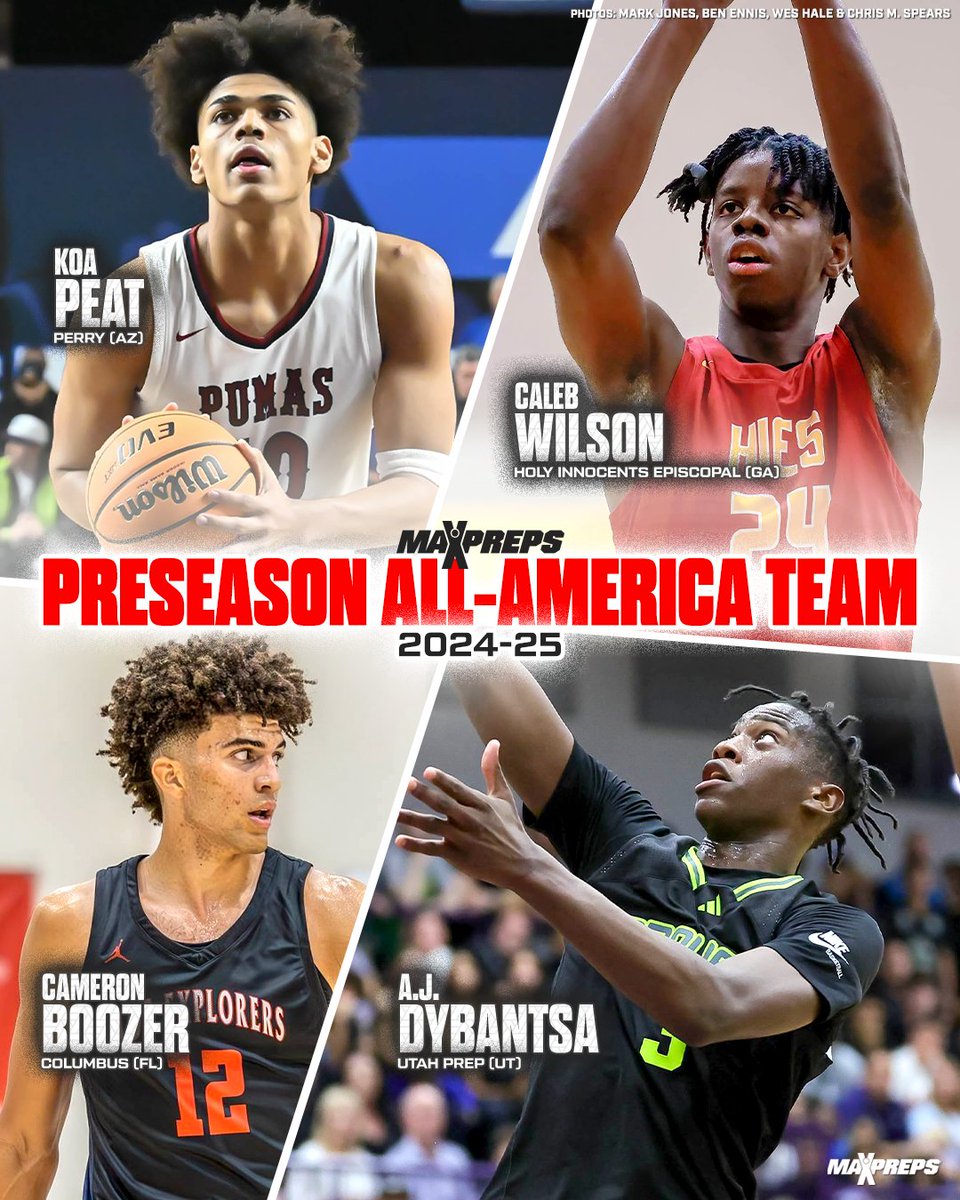 MaxPreps's tweet photo. 2024-25 Preseason MaxPreps All-America Team: Cameron Boozer, A.J. Dybantsa, Koa Peat, Darryn Peterson and Caleb Wilson headline high school basketball's best. 🔥🏀

Full squads below ⬇️
https://t.co/U8I07ZoSZa https://t.co/KycjAfns45