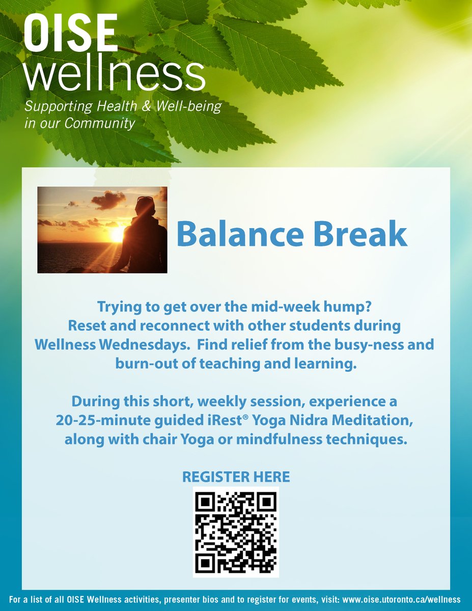 🌻Take a break from your busy schedule and join us for Wellness Wednesdays! Enjoy free snacks at each event and work towards an official U of T Co-Curricular Record by attending 10 sessions. There's something for everyone! #OISEWELLNESS

✨Register Now:
oise-utoronto.zoom.us/meeting/regist…