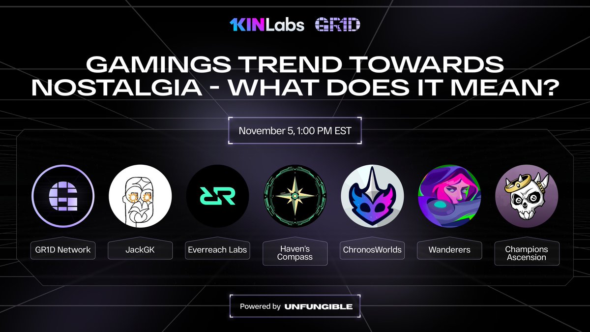 GR1D Network (@gr1dnetwork) on Twitter photo 🚨 Space Time!
Join us with <a href="/EverreachLabs/">Everreach Labs</a> <a href="/HavensCompass/">Haven's Compass</a> <a href="/ChronosWorlds/">ChronosWorlds</a> <a href="/Wanderers/">Wanderers</a> and <a href="/ChampionsIO/">Champions Ascension</a> as we discuss gaming's trend towards nostalgia and what it means.
Set reminders: ⤵️
x.com/i/spaces/1MnGn… 🚨 Space Time!
Join us with <a href="/EverreachLabs/">Everreach Labs</a> <a href="/HavensCompass/">Haven's Compass</a> <a href="/ChronosWorlds/">ChronosWorlds</a> <a href="/Wanderers/">Wanderers</a> and <a href="/ChampionsIO/">Champions Ascension</a> as we discuss gaming's trend towards nostalgia and what it means.
Set reminders: ⤵️
x.com/i/spaces/1MnGn…