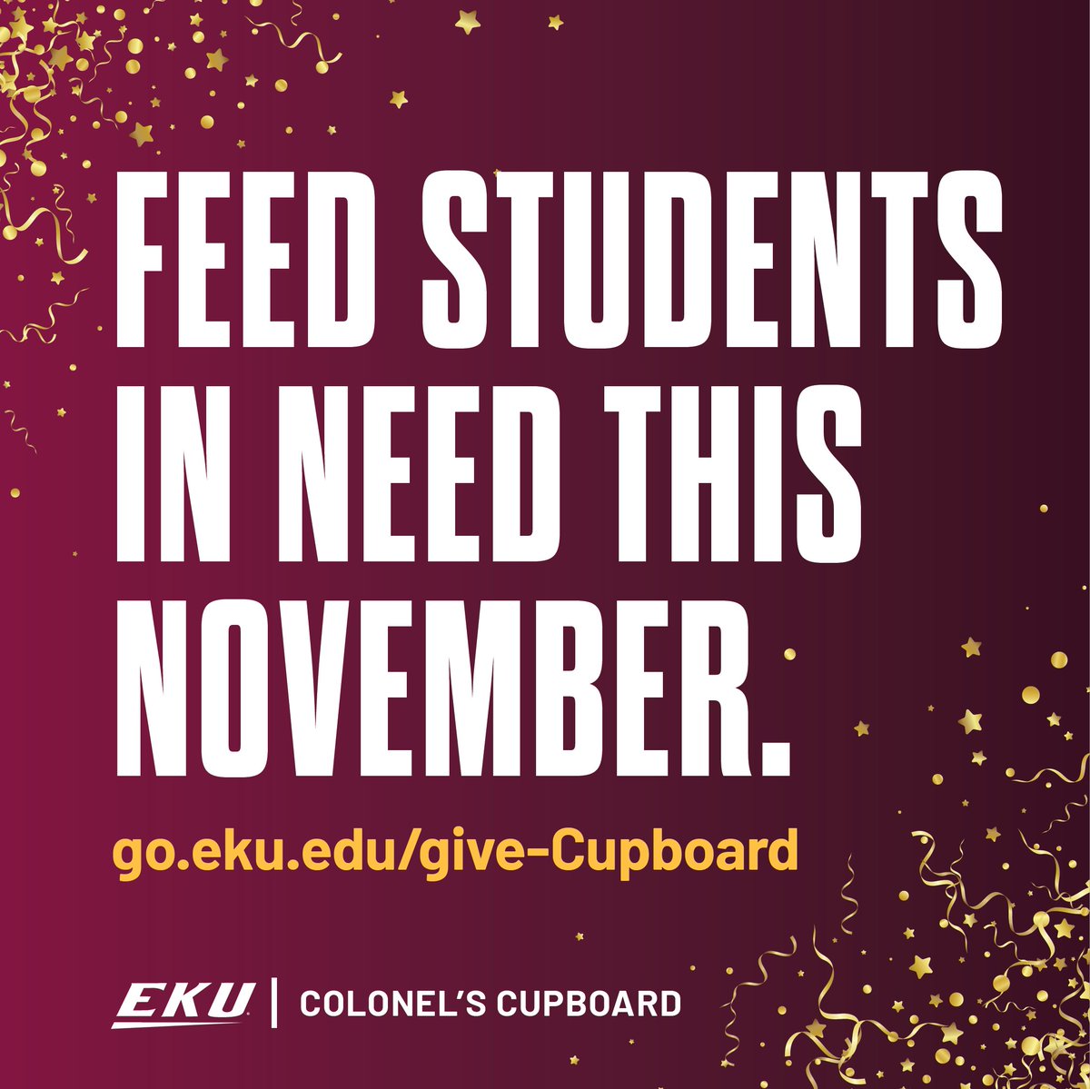 EKUalums's tweet image. In 2024, we’re celebrating 10 years of the Colonel's Cupboard at EKU! To honor this milestone, we aim to raise $10,000 for students facing food insecurity. Every gift helps provide fresh and frozen foods.
Let’s reach our goal by Dec 1!
🥫 Give here: alumni.eku.edu/colonelscupboa…