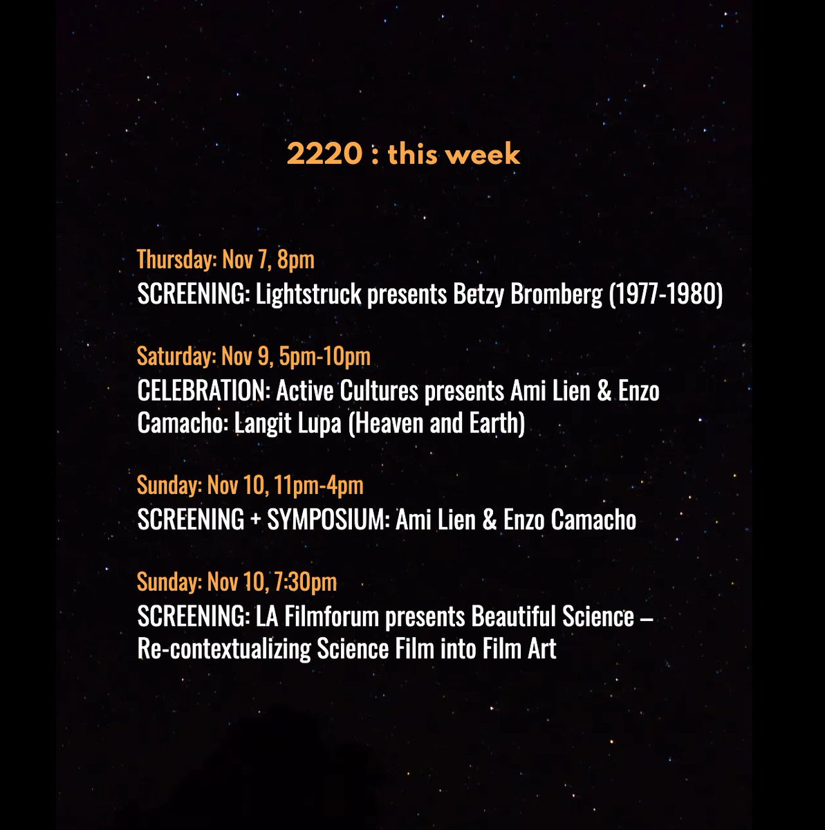 This week at 2220: three screenings and a two-day artist residency (screenings, talk, symposium) with Active Cultures and artists Ami Lien &amp; Enzo Camacho.