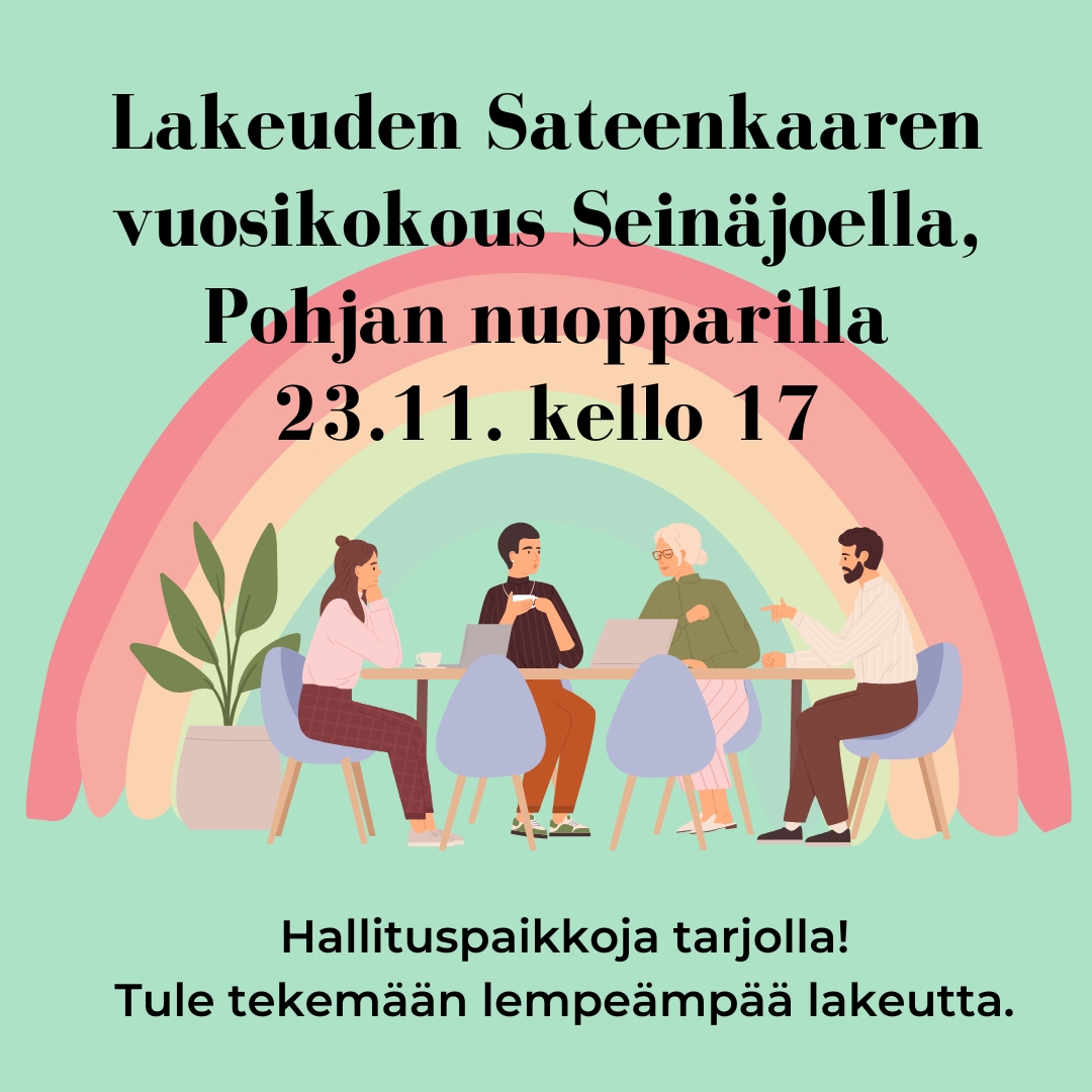 lsateenkaari's tweet photo. Lakeuden sateenkaaren syyskokous pidetään lauantaina 23. marraskuuta Pohjan nuopparilla Seinäjoella.

Sinulla on nyt tilaisuus hakea hallitukseen ja päästä vaikuttamaan sateenkaaritoimintaan lakeudella!

#LempeämpiLakeus https://t.co/A0qPT4Huov