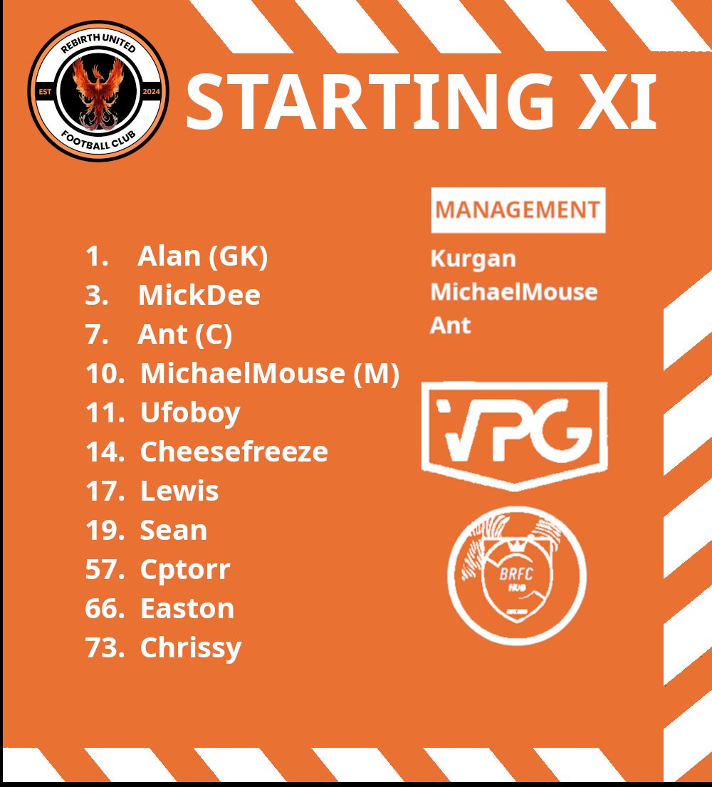 Lineup for tonight's 4 games:

vs CFC Empire in Baffins Midweek Championship

vs Cobra Esports in VPG England L8

vs Bootle FC in VPG Europe Conference Premier A

vs Original XI  in VPG Europe Conference Premier A
